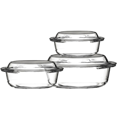 Set of 3 Tempered Kitchen Oven Proof Casserole Pots Dishes Bowls With