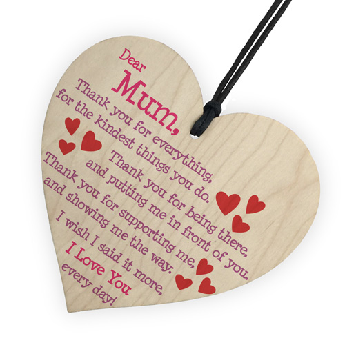 Mum I Love You Everyday Wooden Hanging Heart Mothers Day Gift Cute Mums ...
