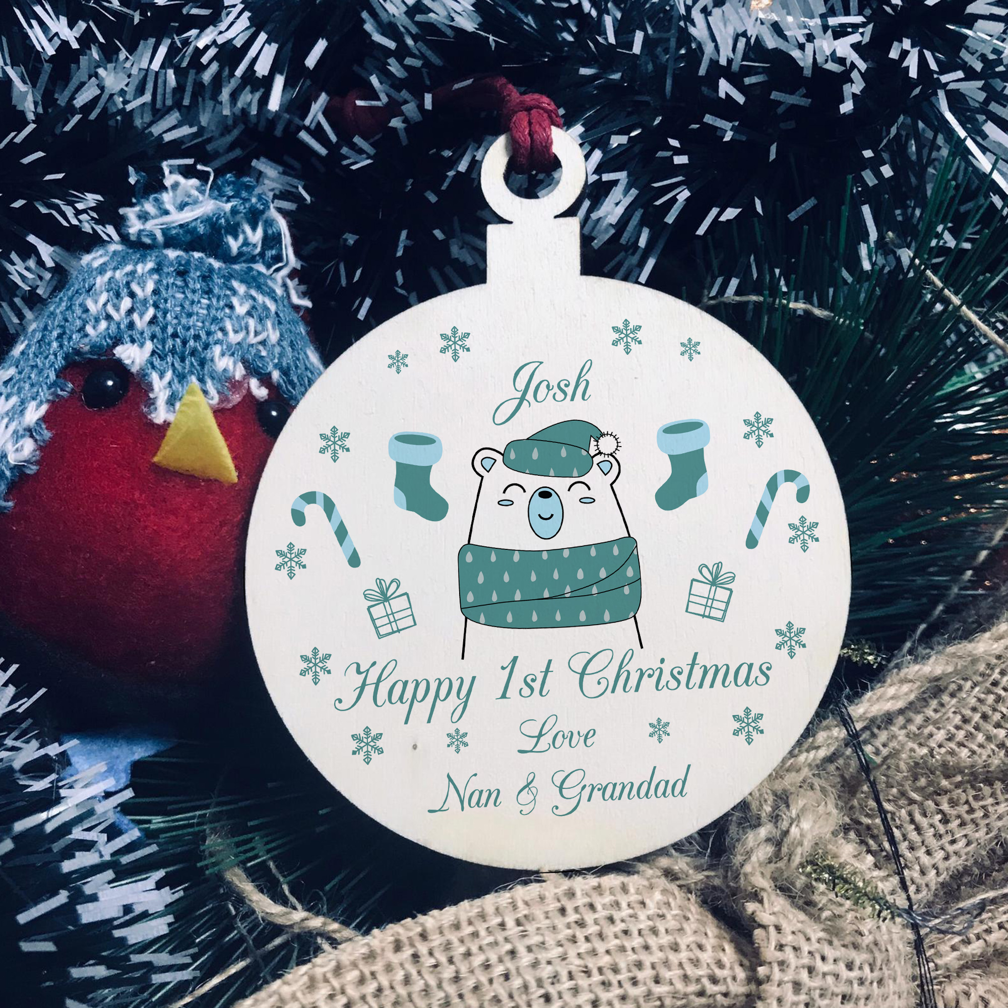 1st Christmas Decoration For Baby PERSONALISED Wood Bauble Baby Boy